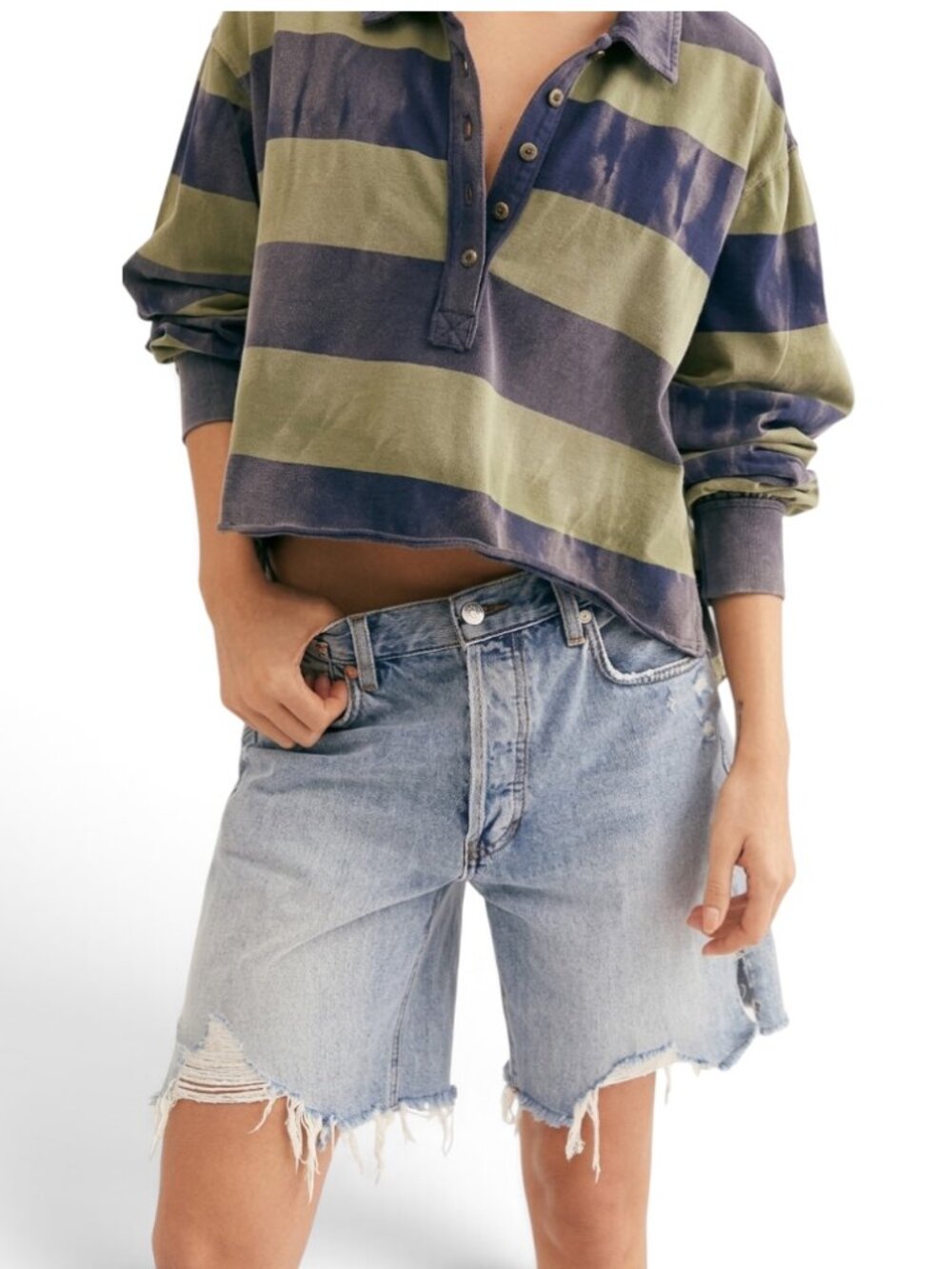 EUC Free People Denim Shorts Womens 24 High Rise Distressed Boho Bermuda